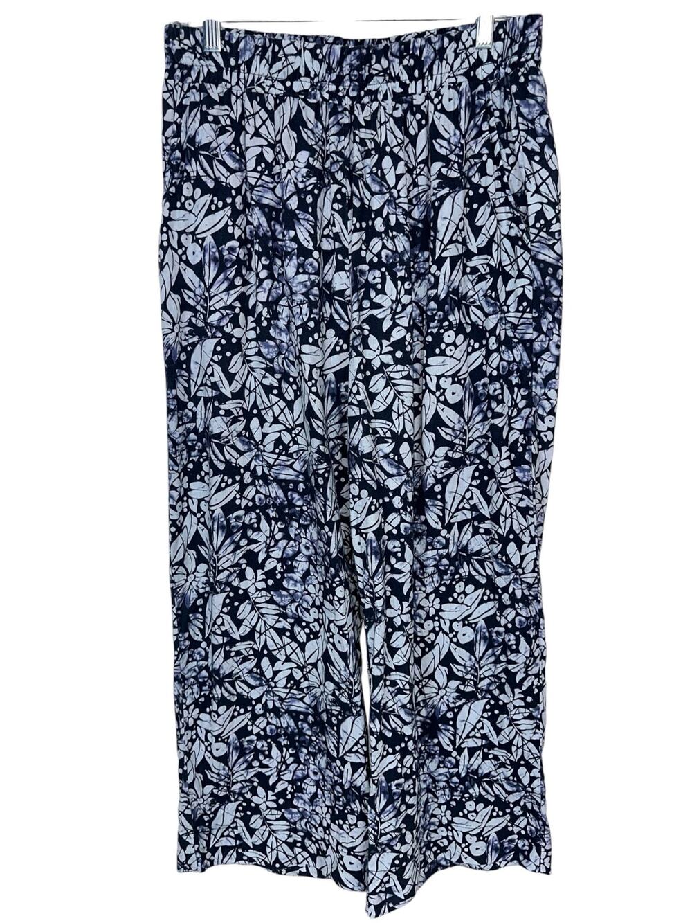 Christian Siriano Navy Blue Abstract Leaf Linen Rayon Wide Leg Pull On Pant L